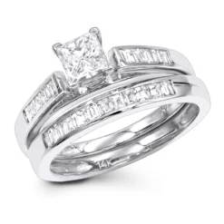 1 Carat Princess Diamond Engagement Ring Set With Band By Luxurman 14K White Gold