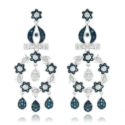 14K White Gold Blue Diamond Flower Chandelier Earrings 1.61ct