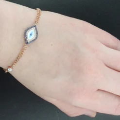 14K Rose Gold Diamond And Blue Sapphire Evil Eye Bracelet .14ct -Outlet Radiant Bijou Store 14k blue sapphire and diamond evil eye bracelet 14ct p 35841bod