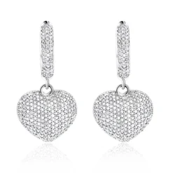 14K White Gold Dangle Diamond Heart Earrings 1 Ct