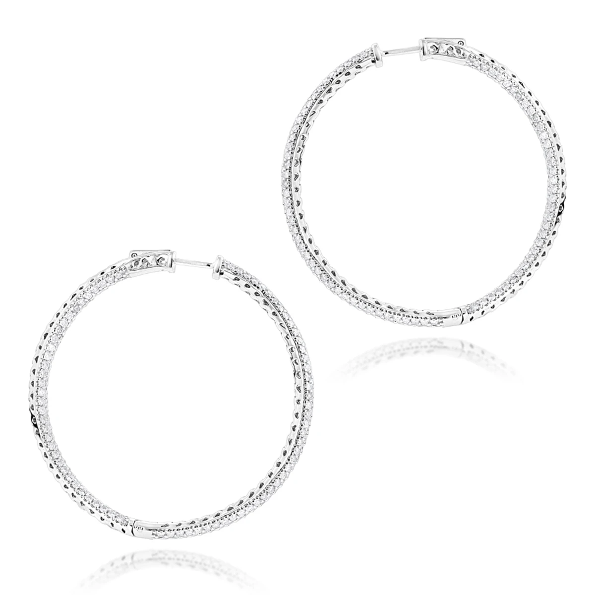 14K White Gold Dazzling 2 Inch Diamond Hoop Earrings Inside Out 7ct 6 14K White Gold Dazzling 2 Inch Diamond Hoop Earrings Inside Out 7ct - Image 4