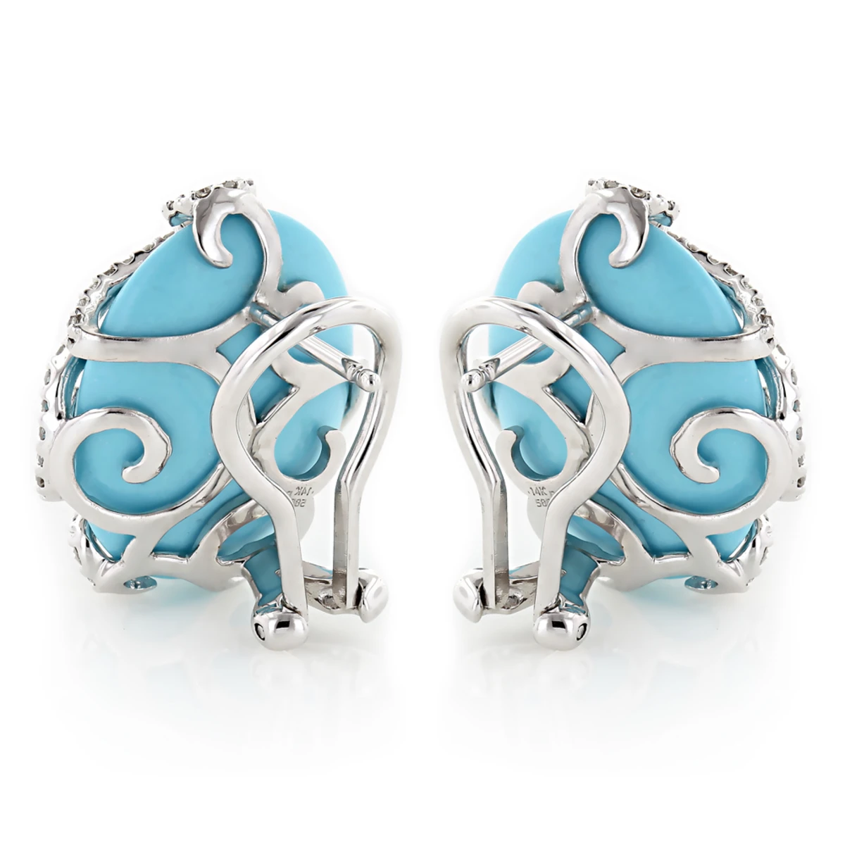 14K White Gold Designer Diamond And Turquoise Earrings 1.10ct 4 14K White Gold Designer Diamond And Turquoise Earrings 1.10ct - Image 2