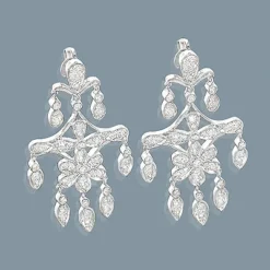 14K White Gold Diamond Chandelier Earrings Flower Motif 0.71ct