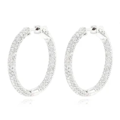 14K White Gold 1 3/8 Inch Diamond Hoop Earrings Inside Out 4.40ct