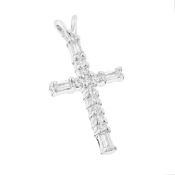 14K White Gold Baguette & Round Diamond Cross Necklace 0.35ct