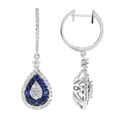 14K White Gold Blue Sapphire And White Diamond Drop Earrings For Women 2 Carats