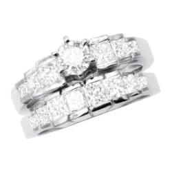 Handmade 14K White Gold Diamond Designer Engagement Ring Set 2ct