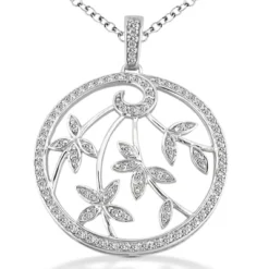 14K White Gold Diamond Leaf Pendant Circle Necklace 0.54ct