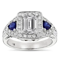14K White Gold Emerald Diamond Sapphire Unique Engagement Ring 2.5ct By Luxurman