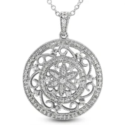 14K White Gold Floral Filigree Diamond Pendant 0.74ct