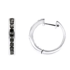 14K White Gold Hoop Huggie Black 0.6 Carat Diamond Earrings For Women