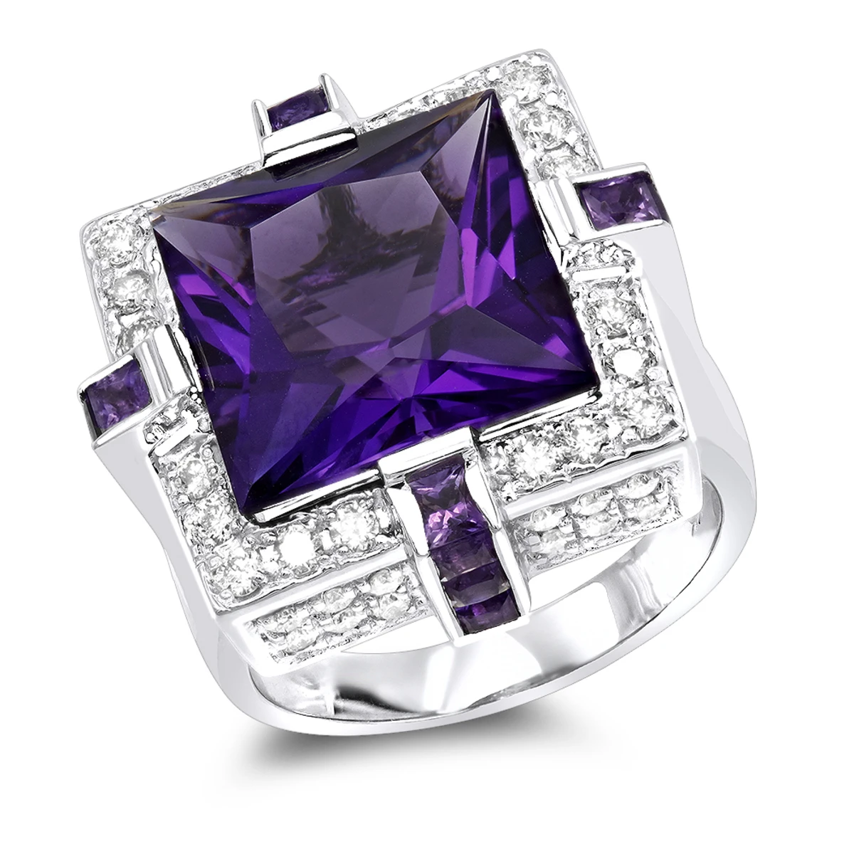 14K White Gold Large Diamond Amethyst Cocktail Ring For Women By Luxurman 14ct 3 14K White Gold Large Diamond Amethyst Cocktail Ring For Women By Luxurman 14ct