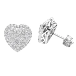 14K White Gold Pave Diamond Heart Earrings For Women 1 Carat Diamond Studs