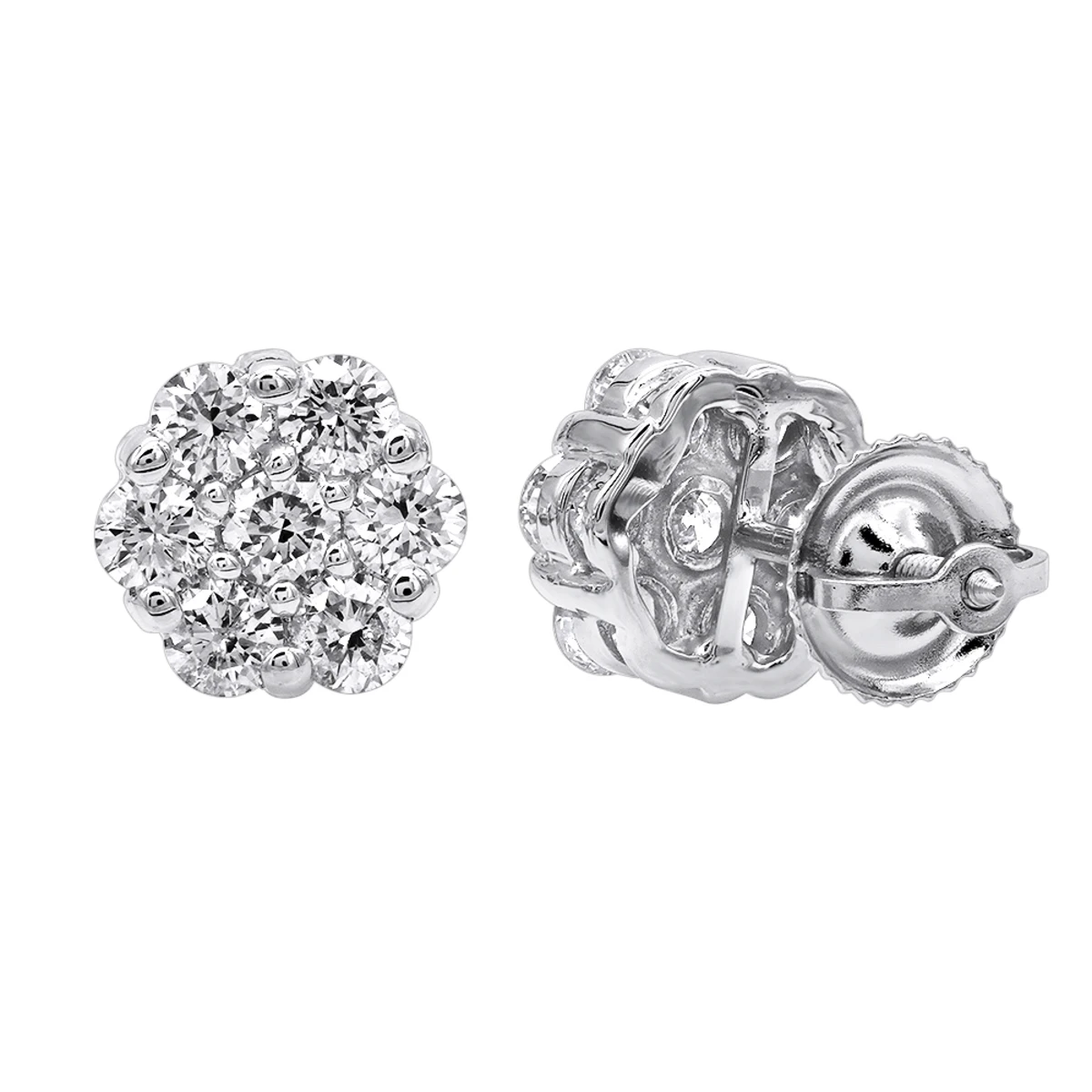 14K White Gold Prong Round Diamond Clusters Earrings 1.2ct Studs 3 14K White Gold Prong Round Diamond Clusters Earrings 1.2ct Studs