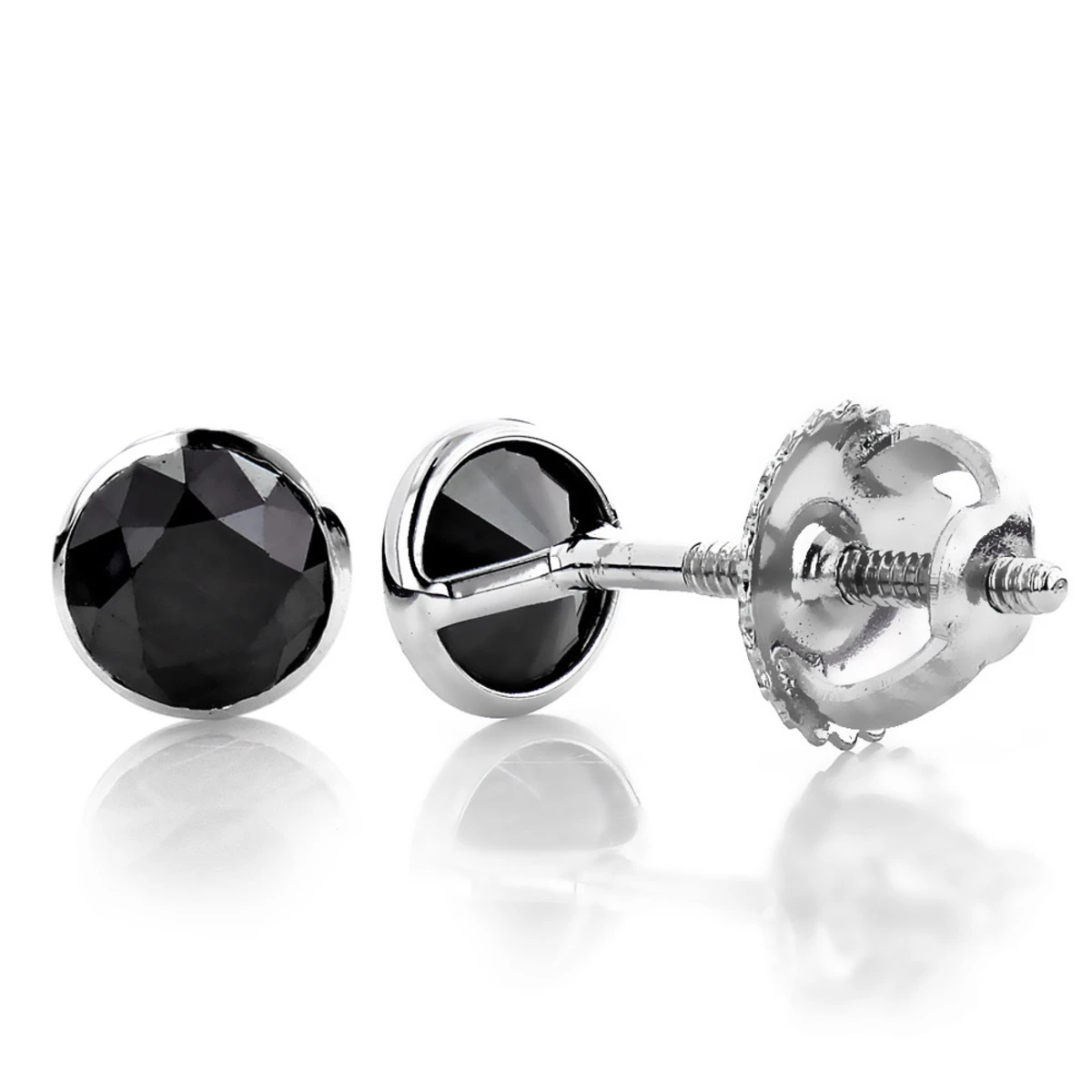 14K White Gold Round Black Diamond Stud Earrings Bezel 0.75ct 3 14K White Gold Round Black Diamond Stud Earrings Bezel 0.75ct
