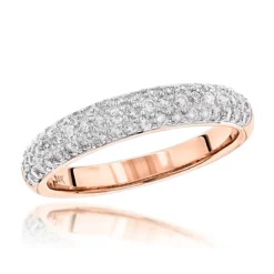 Thin 14K Rose Gold Round Cut Pave Diamond Band 0.75 Carat