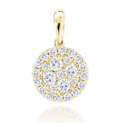 14K Yellow Gold Round Diamond Cluster Pendant For Women 0.88ct
