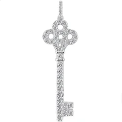14K White Gold Round Diamond Key Pendant 0.91ct