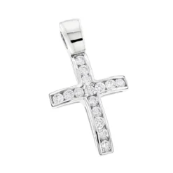 14K White Gold Round Diamond Mini Cross Pendant 0.85ct
