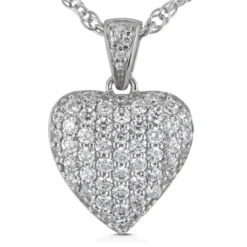14K White Gold Round Diamond Pave Heart Pendant 3ct