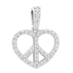 14K White Gold Round Diamond Peace Sign Heart Pendant 0.63ct