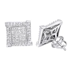 14K White Gold 1 Carat Round & Princess Cut Diamond Earrings Square Studs Men's Or Women's