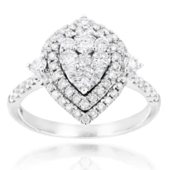 14K White Gold Unique Drop Design Pear Shape Diamond Cluster Ring For Women 1.3ct