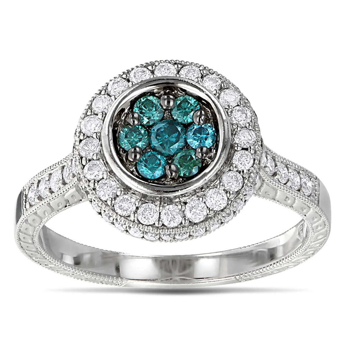 14K White Gold White And Blue Diamond Ring For Women 0.8ct Cluster | Engagement 3 14K White Gold White And Blue Diamond Ring For Women 0.8ct Cluster | Engagement