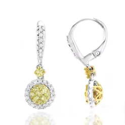 14K White Gold White Yellow Diamond Drop Earrings 1.2ct Women's Dangle Hoops