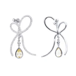 14K White Gold Lemon Quartz Diamond Bow Earrings 1.23ct