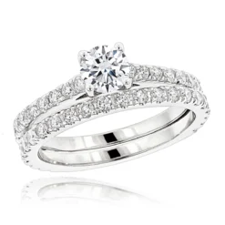 1.5 Carat Round Diamond Engagement Ring And Wedding Band Set 18K White Gold