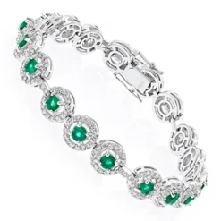 Women's 18K White Gold Diamond And Emerald Bracelet 2.52dtw 3.56stw