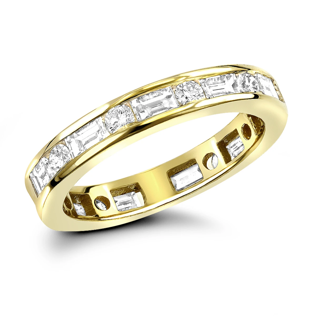 Eternity Band 18K Yellow Gold 1.56ct Round And Baguette Diamonds 3 Eternity Band 18K Yellow Gold 1.56ct Round And Baguette Diamonds