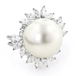 18K White Gold Ladies Pearl & Marquise Diamond Ring For Women 2.92ct