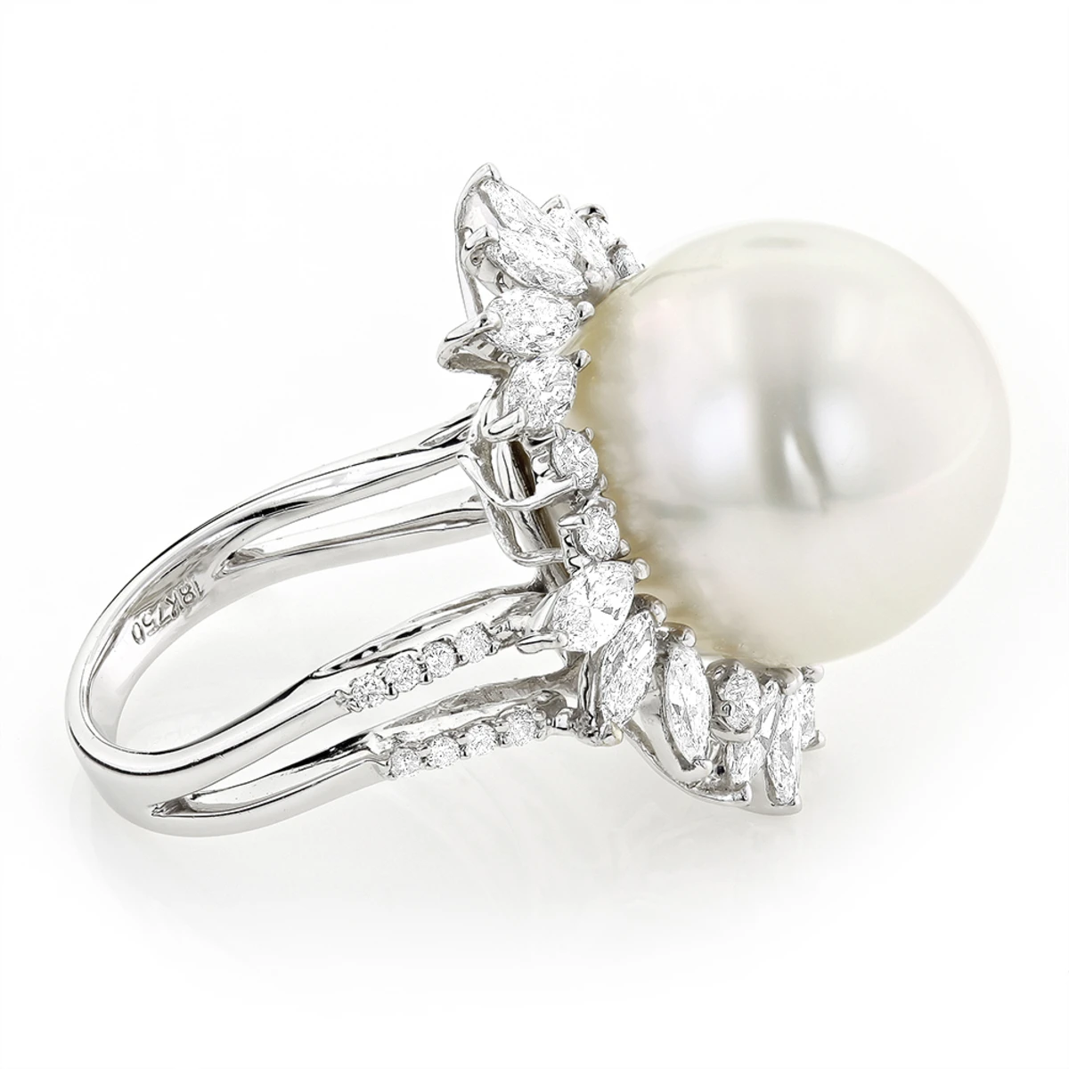 18K White Gold Ladies Pearl & Marquise Diamond Ring For Women 2.92ct 4 18K White Gold Ladies Pearl & Marquise Diamond Ring For Women 2.92ct - Image 2