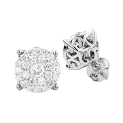 3 Carat Look Round Diamond Cluster Earrings Studs 1.21ct 18K White Gold