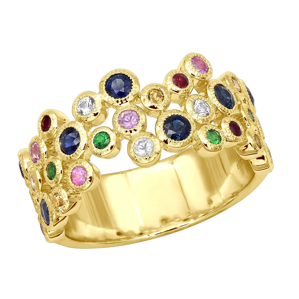14K Yellow Gold Gemstone Cocktail Ring For Women With Sapphires Rubies Tsavorites 3 14K Yellow Gold Gemstone Cocktail Ring For Women With Sapphires Rubies Tsavorites
