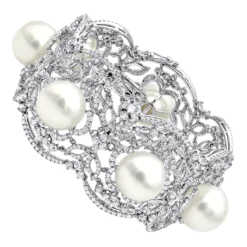 Art Deco White South Sea Pearl And Diamond Bracelet For Women 18K White Gold