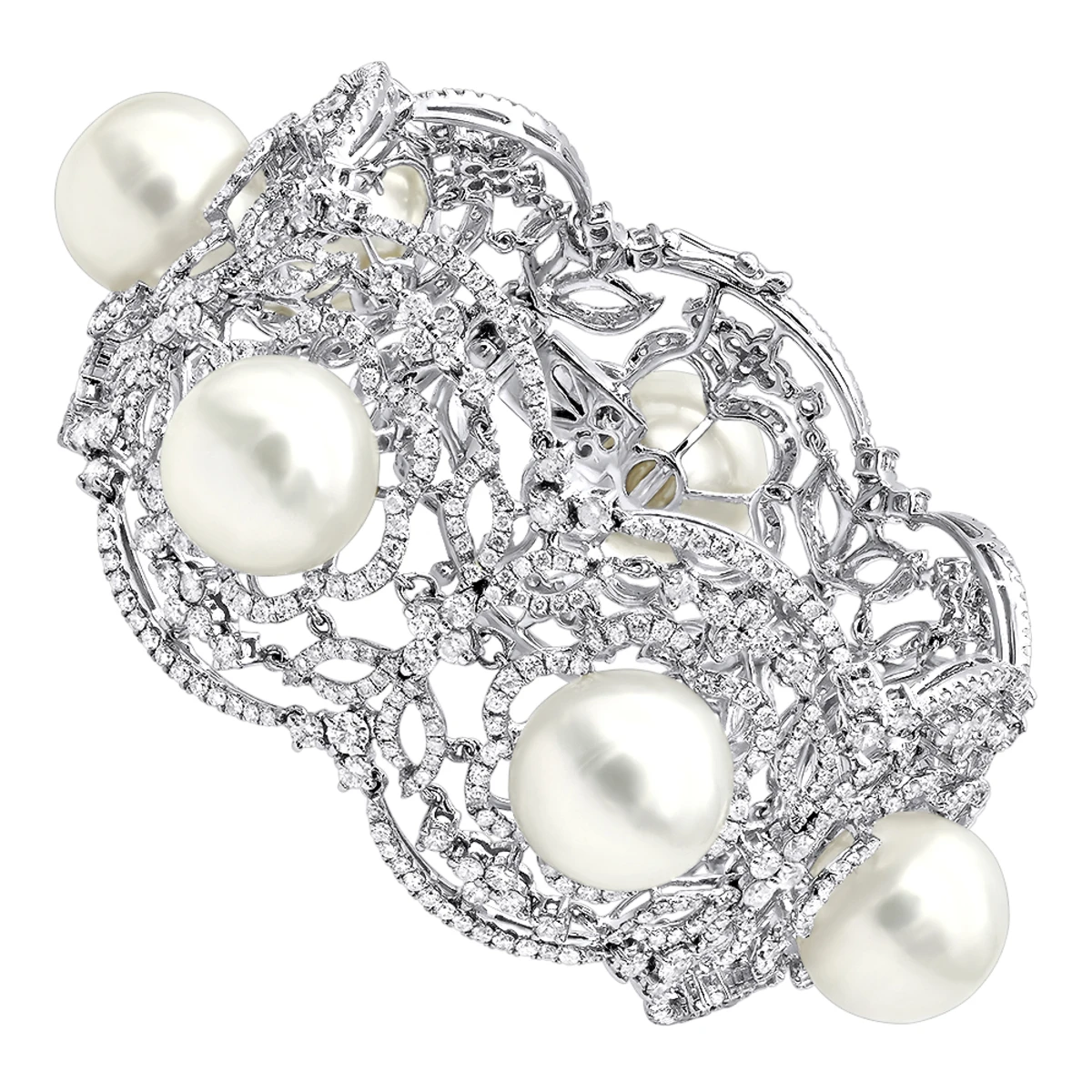 Art Deco White South Sea Pearl And Diamond Bracelet For Women 18K White Gold 3 Art Deco White South Sea Pearl And Diamond Bracelet For Women 18K White Gold