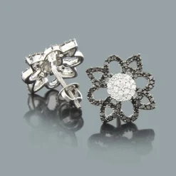 Black And White Diamond Flower Earrings 0.55ct 14K White Gold