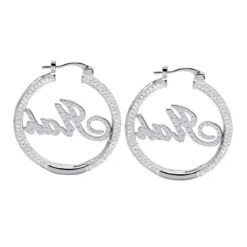 Custom Inside Out Diamond Hoop Earrings With Initials Nameplate 14K Yellow Gold -Outlet Radiant Bijou Store custom inside out diamond hoop earrings with initials nameplate 14k gold 100657 back white