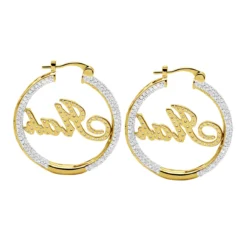 Custom Inside Out Diamond Hoop Earrings With Initials Nameplate 14K Yellow Gold -Outlet Radiant Bijou Store custom inside out diamond hoop earrings with initials nameplate 14k gold 100657 back yellow