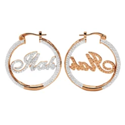 Custom Inside Out Diamond Hoop Earrings With Initials Nameplate 14K Yellow Gold -Outlet Radiant Bijou Store custom inside out diamond hoop earrings with initials nameplate 14k gold 100657 box rose