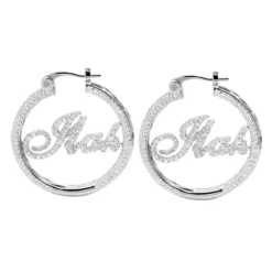 Custom Inside Out Diamond Hoop Earrings With Initials Nameplate 14K Yellow Gold -Outlet Radiant Bijou Store custom inside out diamond hoop earrings with initials nameplate 14k gold 100657 white