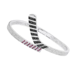 Custom Made 14K White Gold Hockey Stick Rubies White Black Diamond Bangle Bracelet