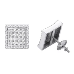 Square Diamond Stud Earrings For Men And Women 14K White Gold 1.2ct Pave Diamonds