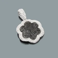 Designer Flower Pendant With Black And White Diamonds 0.70ct 14K White Gold