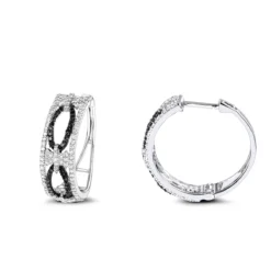 Designer White Black Diamond Hoop Earrings 0.9 Ct 14K White Gold