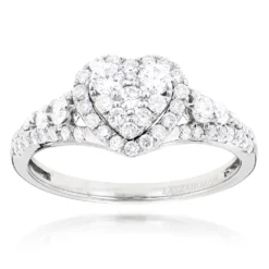 Heart Shaped Diamod Engagement Ring 14K White Gold 1 Carat Cluster Diamonds