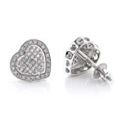 Diamond Heart Earrings Studs: 10K White Gold Pave Diamonds 0.5ct